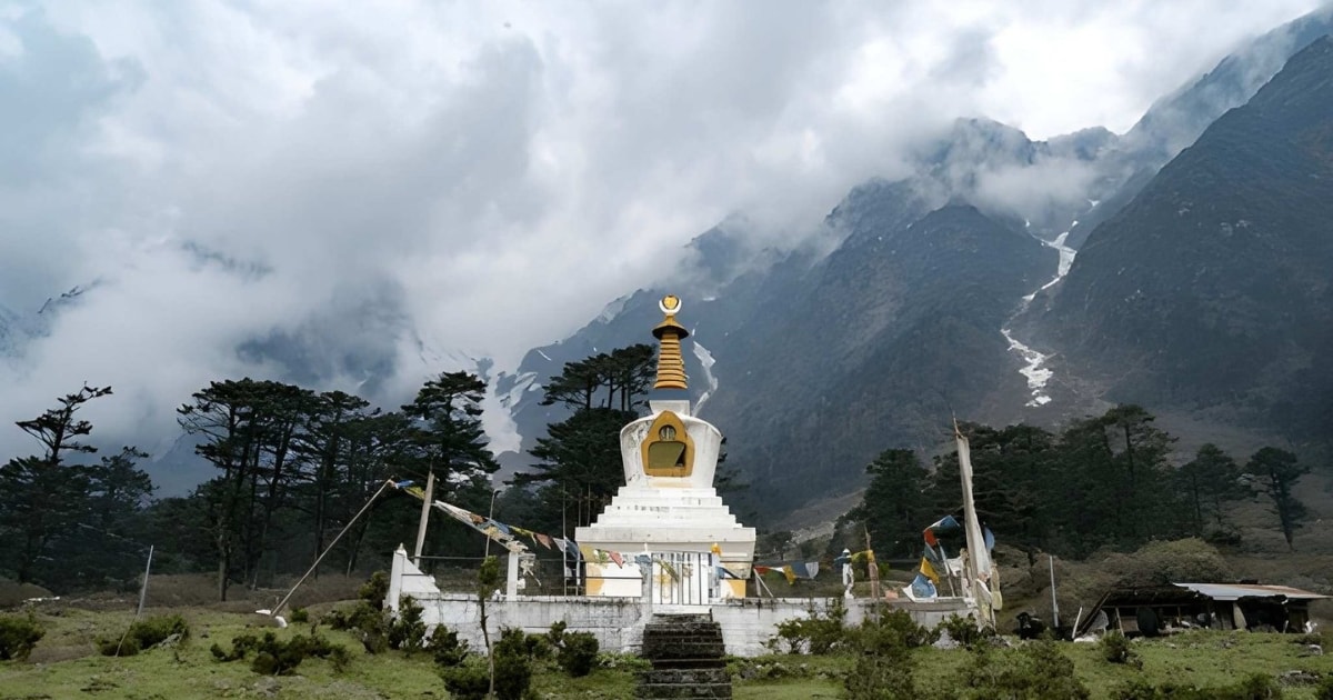 A traditional white Buddhist stupa with a golden spire, surrounded by fluttering colorful prayer flags in a grassy meadow. Dark pine trees and massive, mist-shrouded mountains with patches of snow dominate the background.